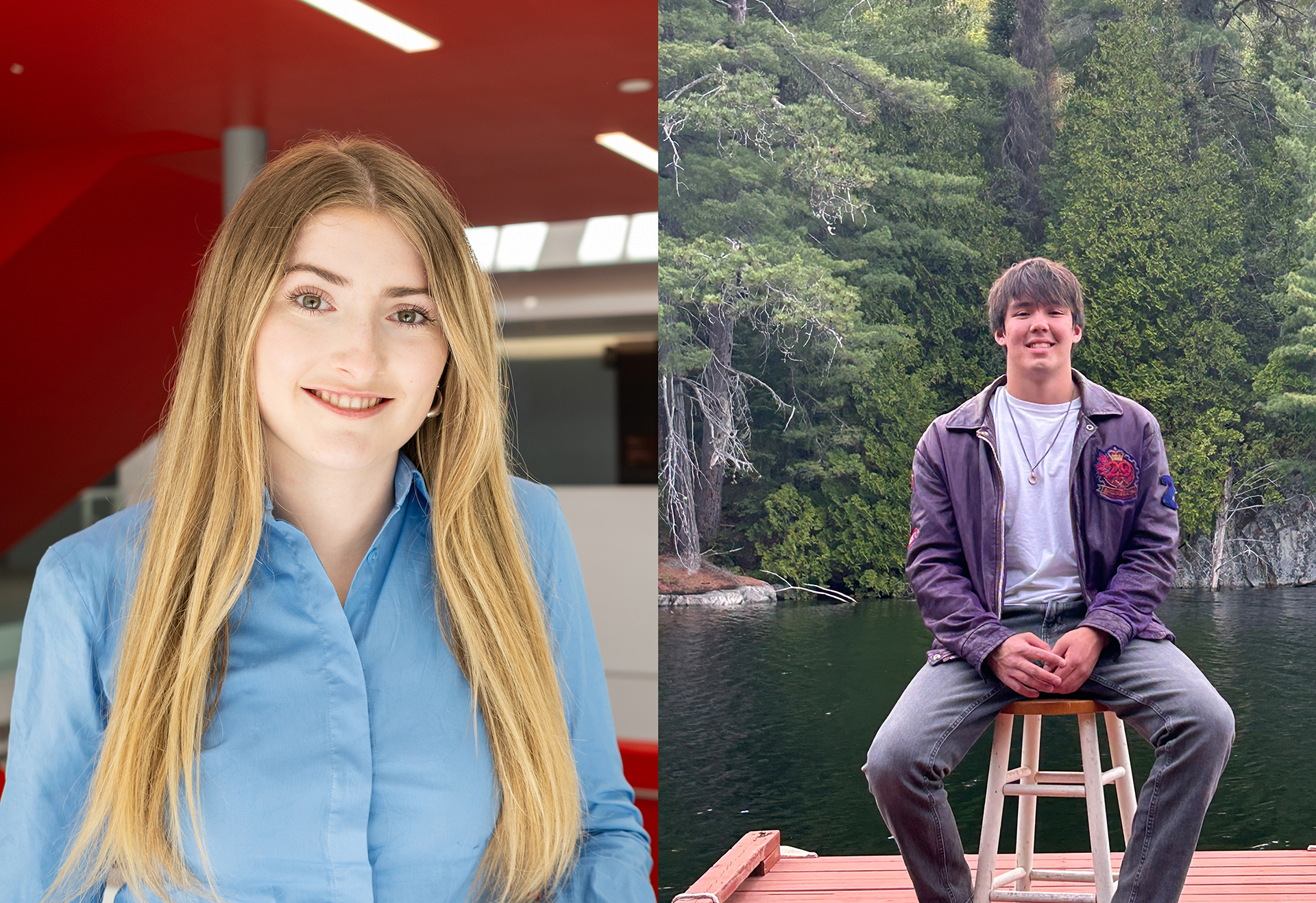 Side-by-side portrait photos: a smiling young woman indoors in a blue shirt, and a smiling young man sitting on a stool on a dock by a lake with trees in the background.
