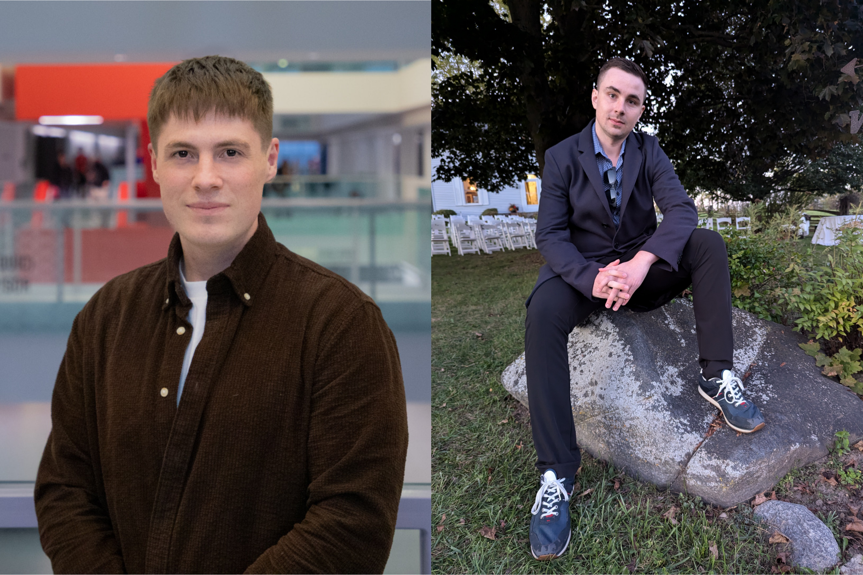 Collage of two young white men, both staring seriously into the camera.
