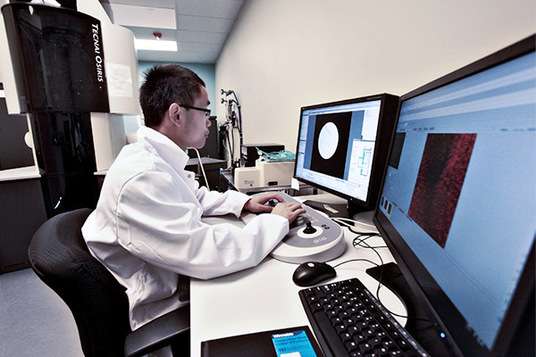 A researcher examines the microstructure of samples after ion irradiation using the RMTL transmission electron microscope